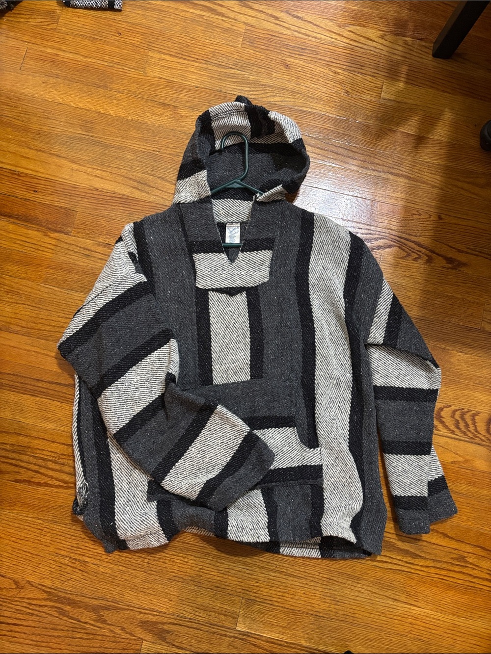 Men's Hooded Striped Baja Pullover Sweater - Black & Cream
